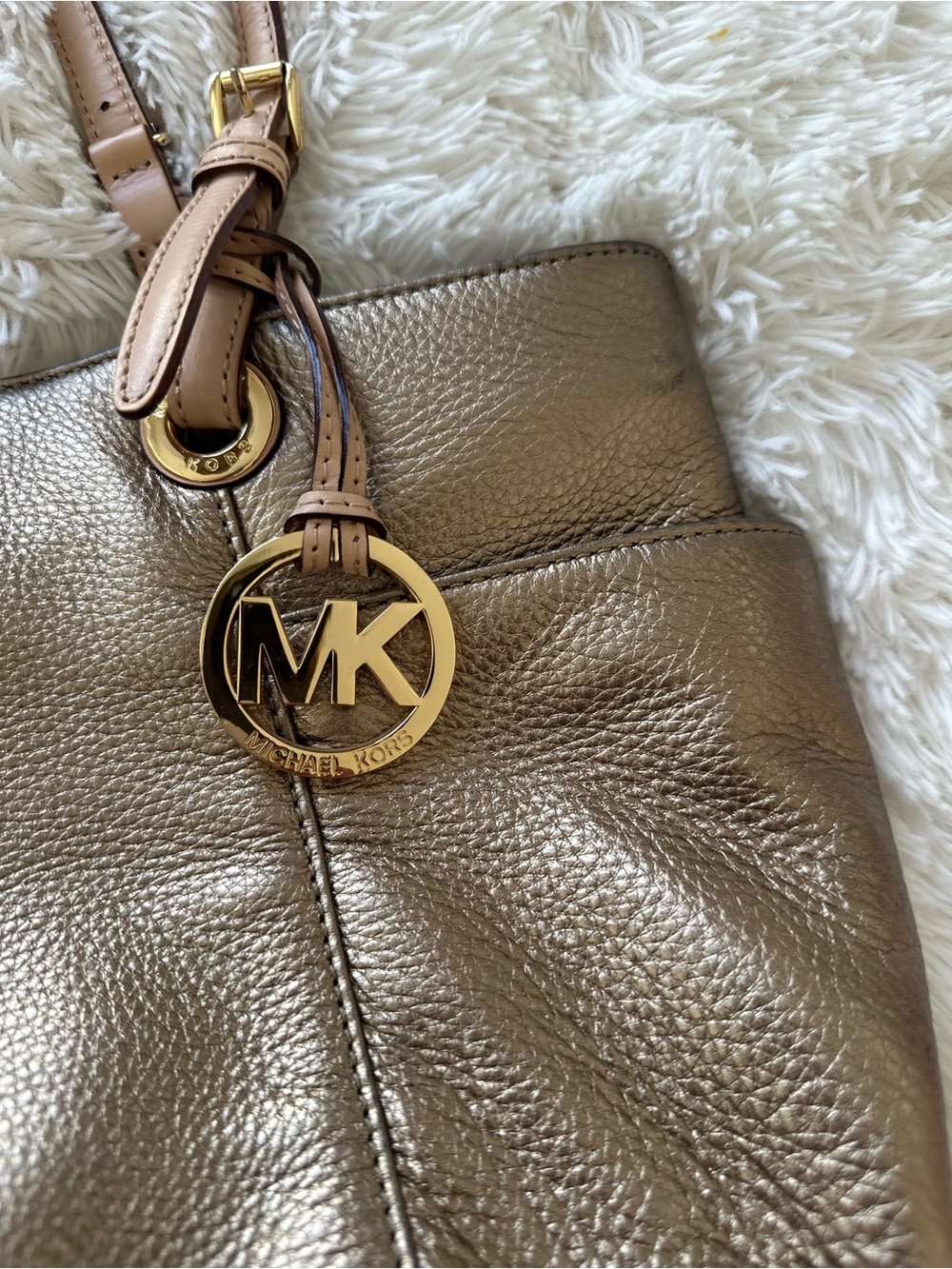 Michael Kors Metallic Bronze Gold Pebbled Leather Tote Bag Shoulder Purse - Picture 8 of 13